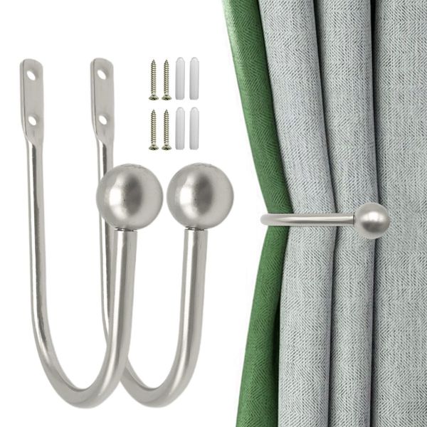 TSHAOUN 2 Pieces Metal Curtain Holdback, Curtain Holdbacks, Decorative Curtain Drapery Holdbacks, Curtain Tieback Hooks, Window Curtain Holder, Wall Mounted Curtain Tie Backs with Screws (2 SILVER)