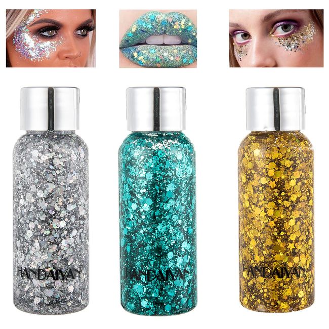 Body Glitter Gel, 3 Bottle Mermaid Sequins,Chunky Glitter Liquid Gel kit,Long-Lasting Glitter Sequins Chunky Powder Gel, Glitzer Sequins Gel für Gesicht Haare Lippen Nagel Festival Party(Style 2)