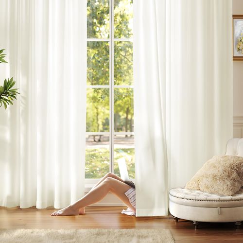 Anmao Non-See-Through Privacy Semi Sheer Curtains for Living Room 84 Inch Length 2 Panels Set, Light Filtering Window Curtains Drapes for Bedroom with Tiebacks, 52 Inch Wide Each Panel, Beige Yellow