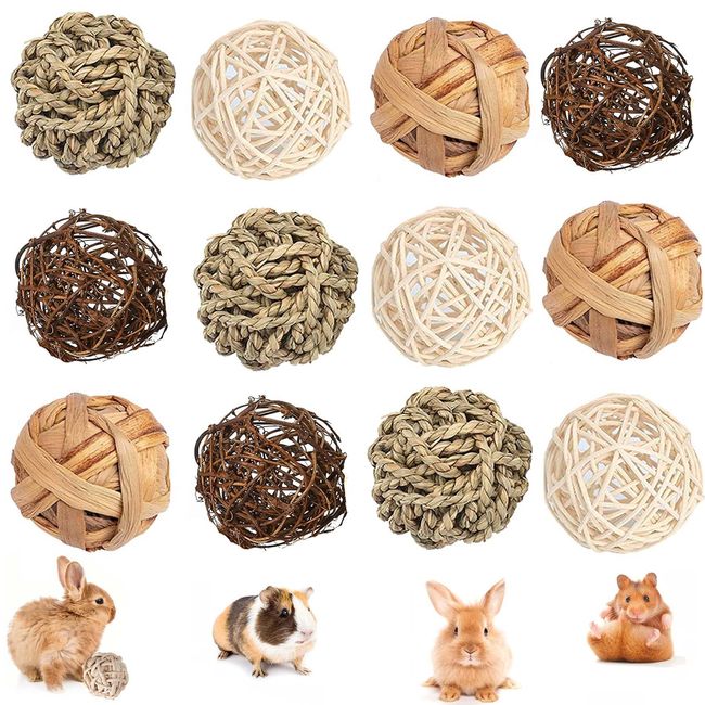 12PCS Kaubälle,Kleintiere Kauspielzeug,Kaninchen Spielzeug,Grasball,Weidenball Spielzeug für Kleintiere,Hasen Kauspielzeug,Rattan-Bälle Zahnpflege-Spielzeug,Grasspielzeug für Kaninchen Hamster