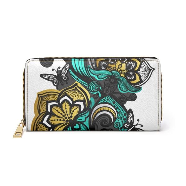 Womens Wallet, Zip Purse, White & Green Floral Butterfly - One size