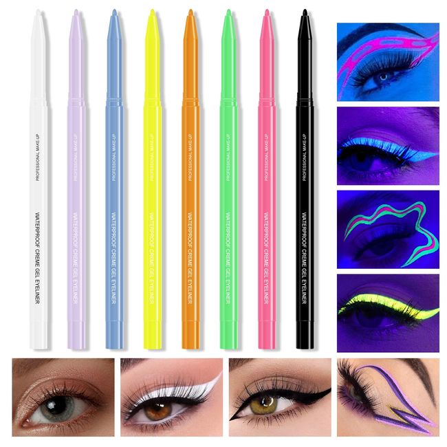 KYDA 8 Colors UV Glow Liquid Eyeliner, Lasting Neon Matte Tint, Glow in the Dark Liner Pen, Quick Dry Fluorescent Rainbow Eyes Makeup, Under the Blacklight Colorful Eyeliner, by Ownest Beauty