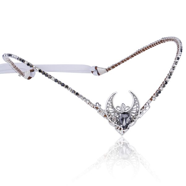 MOSTORY Handmade Silver Crystal Headpiece V-shape Fairy Crown Headband Elven Princess Tiara Black Gem Circlet for Wedding Bridal Maternity Shoot Ren Fair Fae Ball Cosplay Costume Accessory