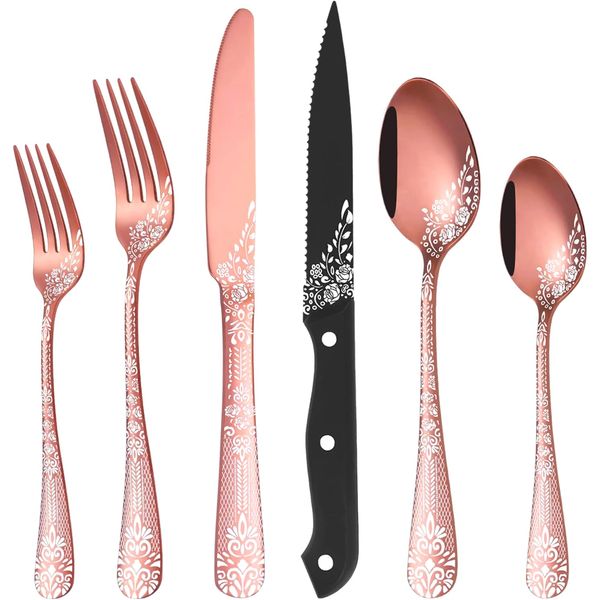 EUIRIO 24-Piece Rose Gold Silverware Set with Steak Knives, Rose Gold Flatware Set for 4, Stainless Steel Mirror Cutlery Set, Spoons Forks Knives Set with Unique Floral Laser, Dishwasher Safe