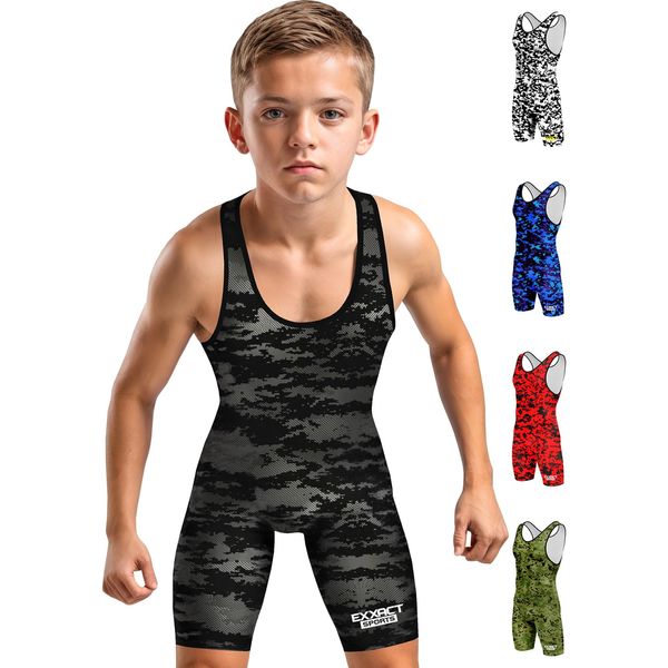 Exxact Sports Digital Camouflage Youth Wrestling Singlet For Boys, Premium Powerlifting Singlet, Kids Wrestling Singlets For Training (YM, Black Camo)