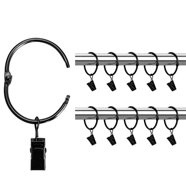 KaiYi Curtain Ring Clips, Curtain Clip Hooks Opening Design, 39mm Inner Diameter, Easy Installation, Steel, Set of 20, Black