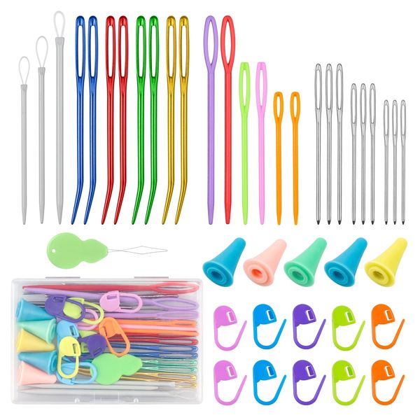 FIVEIZERO 43 Pcs Yarn Needles Set, Assorted Yarn Needles Bent Tapestry Needle Weaving Needle Darning Needles Big Eye Blunt Knitting Needles with Stitch Markers for Knitting Crochet