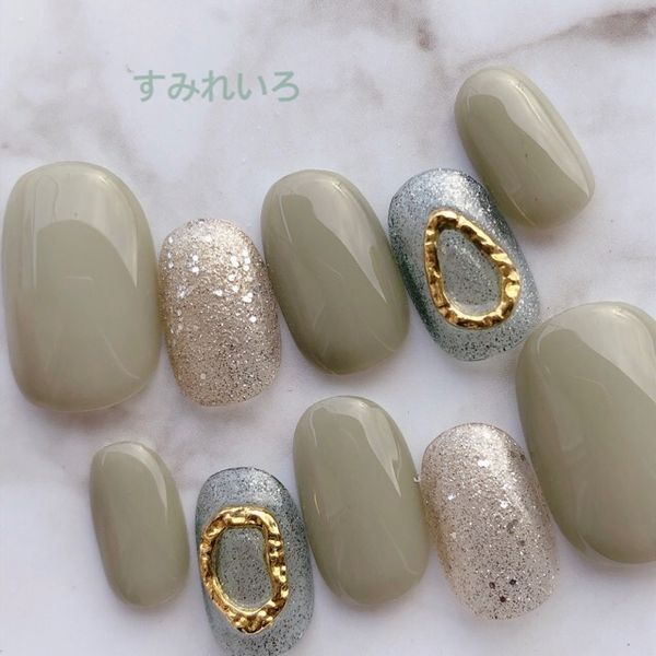 Nail tip false nails bridal nails cute short long design summer nails nail present short nails small nails large nails berry short chibi nails adult nails false nails office nails simple<br> [1756] Moss green open oval gold b/s