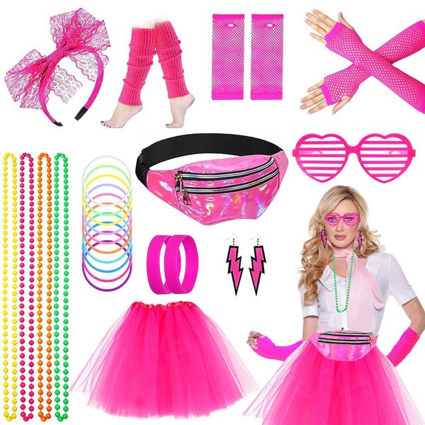 Aonuily 80s Fancy Dress for Women, 1980s Party Costume Accessories Set Tutu Skirt Leg Warmers Earrings Fishnet Gloves Glasses Bracelet Necklace Headband for 80s Party Dress up