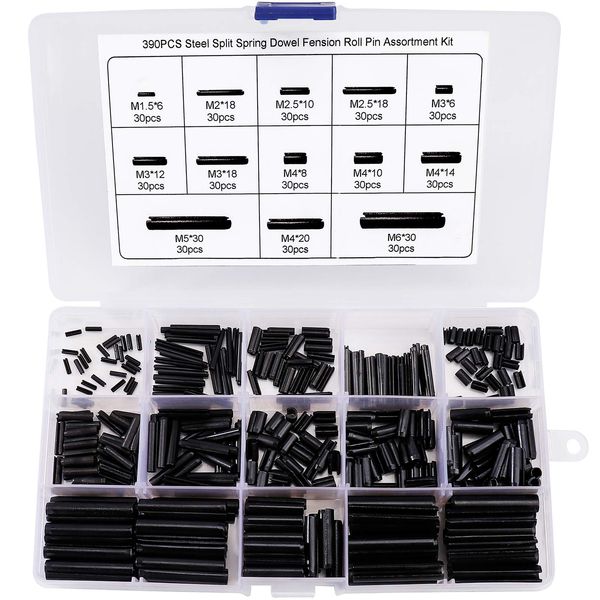 Slotted Spring Pins Split Spring Dowel Tension Roll Pin Assortment kit M1.5 M2 M2.5 M3 M4 M5 M6 390 Pcs