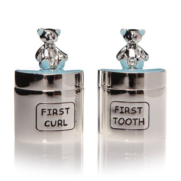 Silverplated Blue First Tooth and First Curl Gift Set with Teddies