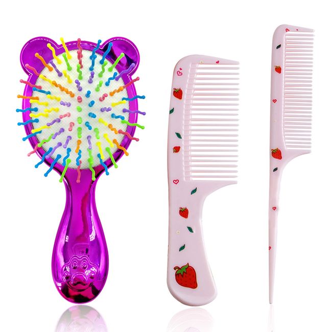 Toddler Hair Brush Girl, 3 Pcs Detangler Brush and Comb Set Mini Hair Brush Cute Kids Detangle Hair Brush Pocket Airbag Comb Massage Comb for Girls Wet Dry Hair (Rose red)