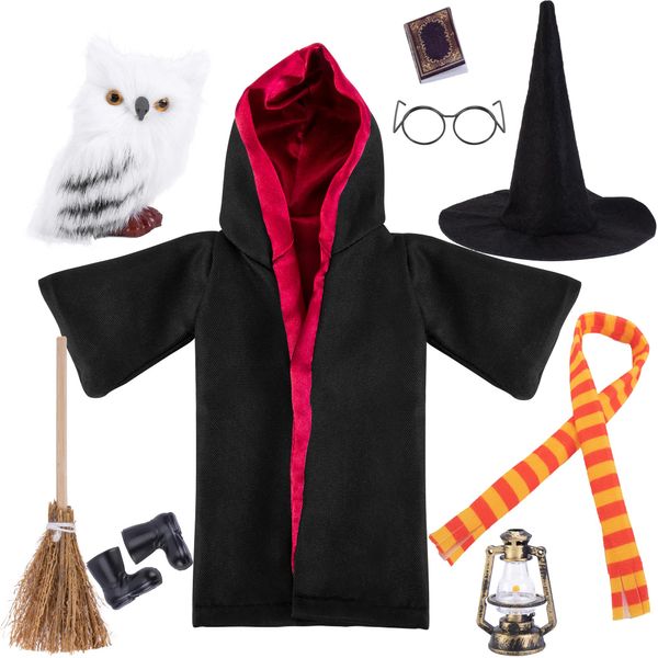 codree 9Pcs/Set Christmas Wizard Doll Clothing, Magic Elf Doll Dress Up Set with Witch Hat and Rain Boots, Wizard Dolls Robe and Scarf Accessories for Halloween Christmas Elf Doll Costume Decorations