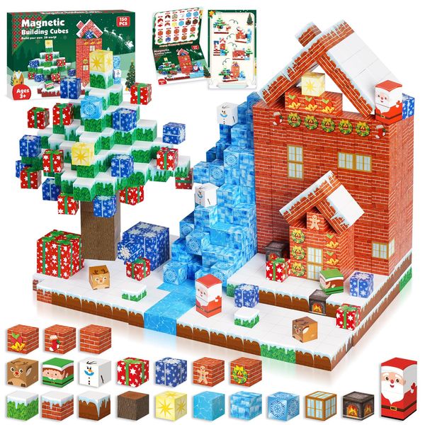 Christmas Magnetic Blocks-150PCS Magnetic Building Blocks Magnetic Tiles Stacking, STEM Montessori Sensory Toys for Kids Boys Girls Ages 4-8 Christmas Birthday Gifts