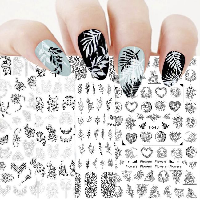 LANODO 12 Pcs Nail Stickers, Black, Gray, Nail Seal, Plant, Multiple Styles, Beautiful, Nail Stickers, DIY