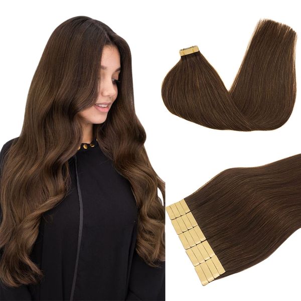 DOORES Haar Echthaar Gerade Remy Echthaar, Schokoladenbraun 40cm (16zoll) 50g 20pcs, Tape in Invisible Tape Hair Extensions Echthaar Gerade Haar Skin Weft