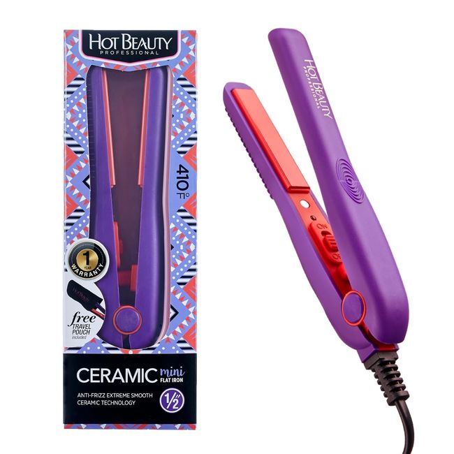 Hot Beauty Professional Ceramic Mini Flat Iron 1/2" Anti-Frizz Extreme Smooth (Violet) Travel Pouch Included