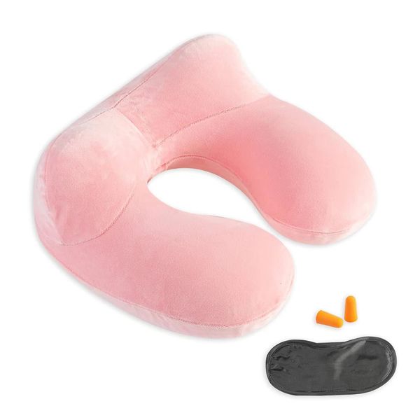 Inflatable Travel Pillow - 100% Soft Velvet Neck Support for Traveling, Airplanes, Trains, Cars, and Offices with Compact Carrying Bag, Breathable and Washable Cover, Ideal for Adult Sleepers (Pink)