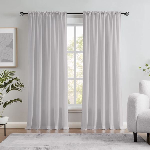 Melodieux Silver Grey Velvety Semi Sheer Curtains 84 Inch Length for Bedroom, Living Room Natural Cotton Texture Rod Pocket Window Sheer Drapes, 52 by 84 Inch (2 Panels)