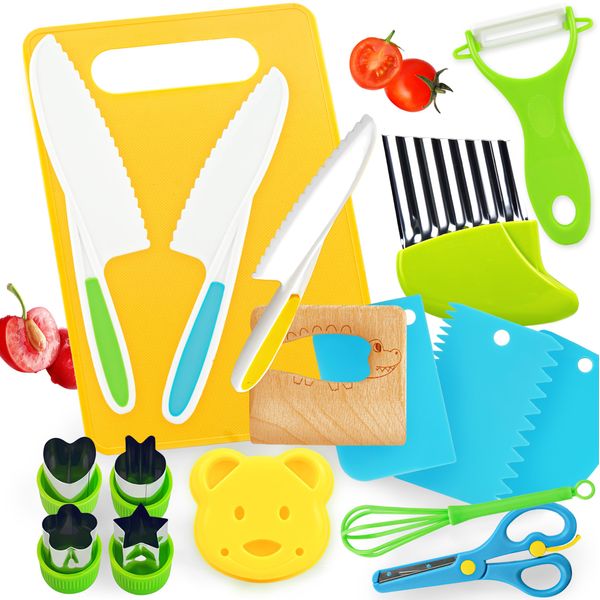 SMILESSKIDDO Kids Knife Set for Real Cooking - 17 Pieces Kids Cooking Set Real Montessori Kitchen Tools - Toddler Safe Knife with Wooden Knife Safe Serrated Edges Plastic Knife,Cutting Board,Scissors