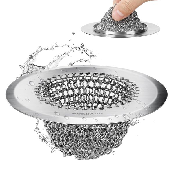 Wokdada Sink Drain Strainer, Anti-Slip Reversible Chainlink Sink Strainer with 304 Stainless Steel, Upgraded Clog-Free Kitchen Sink Strainer, Easy-Clean Sink Catcher Strainer for Garbage Disposal