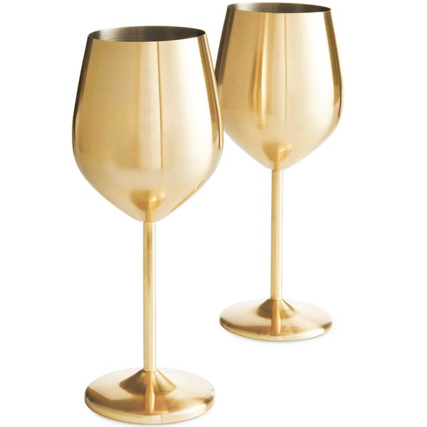 VonShef Brushed Gold Wine Glasses - Set of 2 475ml Shatterproof Wine glasses - Stemmed cocktail Glasses with Gift Box for Rosé, Red Wine & White Wine - Perfect for Parties & Gatherings