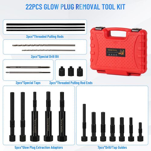 YSSNIUTOOL 22PCS Glow Plug Removal Tool Set. Glow Plug Removal Tool Kit High Hardness Glow Plug Removal Tools. Glow Plug Extraction Kit for M8 & M10.Glow Plug Electrodes Removal Tool