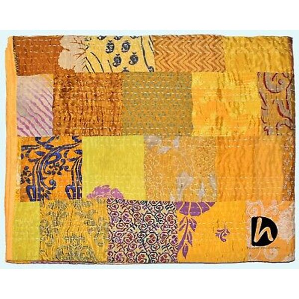 Kantha Quilt Bedsheet Home Decor Throw Yellow Coverlet 90X108" New King Bedcover