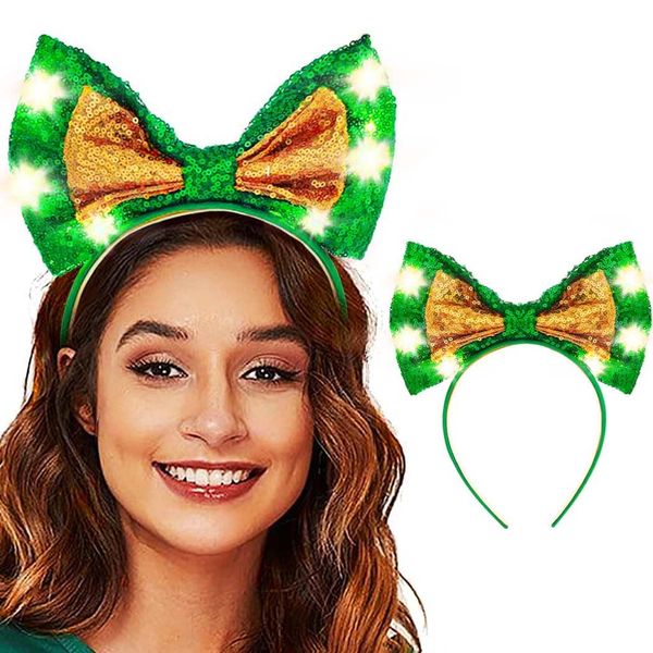 Sinalty Light Up Bow St Patricks Day Headband Green Glitter Bowknot Headbands for Women and Girls