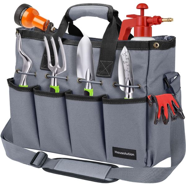 Housolution Garden Tote Bag, 900D Gardening Tool Bag, Garden Tote Storage Bag with Pockets & Long Adjustable Shoulder Strap, Home Tools Organizer Garden Tool Kit Holder, Standable, 14 Inch, Gray