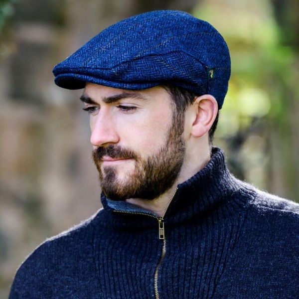 Mucros Weavers Irish Trinity Flat Cap, Irish Hat for Men, Newsboy Hat (Large, Col 34 Blue Herringbone)