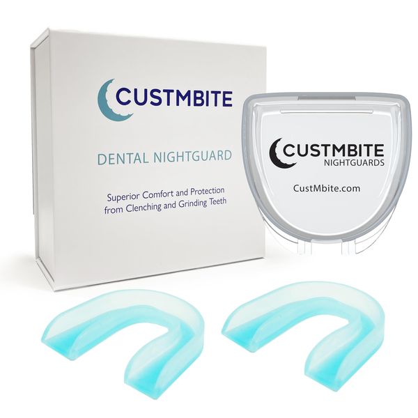 CUSTMBITE Premium Hard Surface Night Guards for Teeth Grinding, 2 Pack with Mouth Guard Case, USA Made, Mouth Guard for Clenching Teeth at Night, Bruxism NightGuard - Customizable Fit Dental Guard