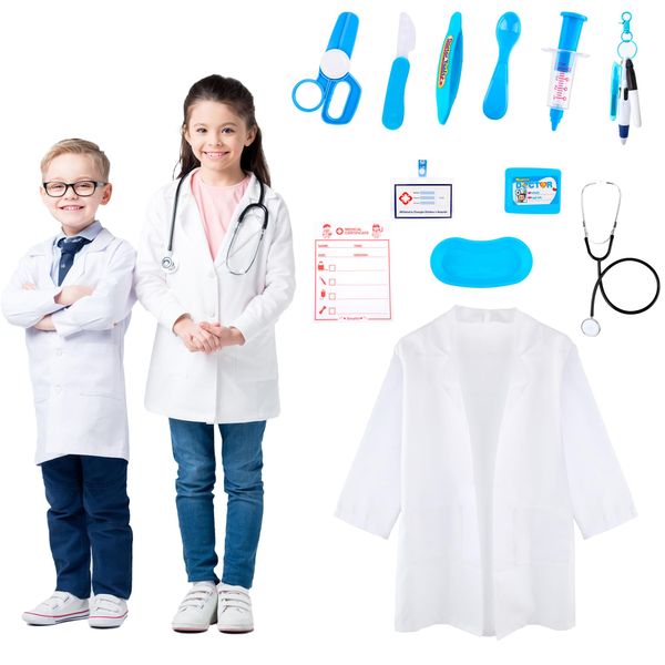 Flotory 11 Pcs Kids Doctor Costume Set Scientist Surgeon Suit White Coat with Stethoscope Props for Boys Girls Career Day Halloween (9-12 Years(140-150 cm))