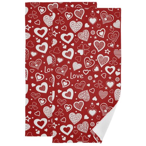 Happy Valentine's Day Hand Bath Towel Set of 2 Red Heart Love Kitchen Bathroom Faucet Towel Valentines Day Holiday Decorations Fingertip Towel Set Highly Absorbent Guest Shower towels 16x30 Inch