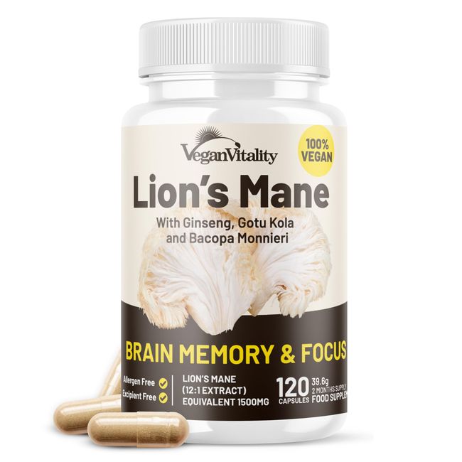 Lions Mane Mushroom Supplement Capsules Complex - Supplement Caffeine Free, Lions Mane Extract - 120 Vegan Bacopa Monnieri, Gotu Kola, Ginseng Capsules - Focus Memory and Brain Support