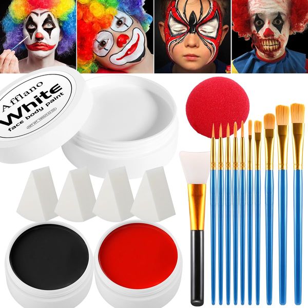 Clown Makeup Kit, La Catrina White Black Red Face Paint Joker Makeup Kit, Professional Oil Based Halloween Body Paint for Adults, Skeleton Zombie Vampire Skull Costume SFX Cosplay Makeup Washable