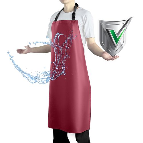 Vammcht Waterproof Apron with Comfortable Adjustable Bib, Rubber Vinyl Dishwasher Apron for Men, Women. Heavy Duty Plastic Apron for Dishwashing Restaurant Dog Grooming Chemical Resistant, Red