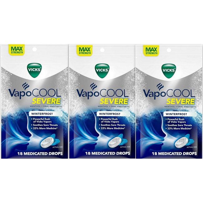 Vicks VAPOCOOL Severe Medicated Drops WINTERFROST 18ct ( 3 pack ) ^