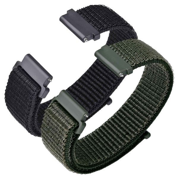 ANNEFIT Nylon Sport Watch Straps 24mm, 2 Packs Quick Release Adjustable Replacement Band for Men Women (Black and Army Green)