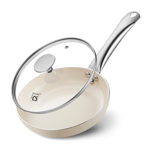 KOCH SYSTEME CS Nonstick Frying Pan with Lid, 8 Inch Non-Stick Skillet with Stay-Cool Stainless Steel Handle, Omelet Pan with Nonstick Ceramic Coating, PFOA Free, Oven Safe, Cream White