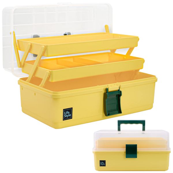 Creahaus 33cm 3-Regal Mehrzweck-Aufbewahrungsbox, Sortierbox, Organizer Box, Bastelbox, Nähkasten, Medizinkoffer, Toolbox, Angelkoffer mit 2 Regalen (Gelb)