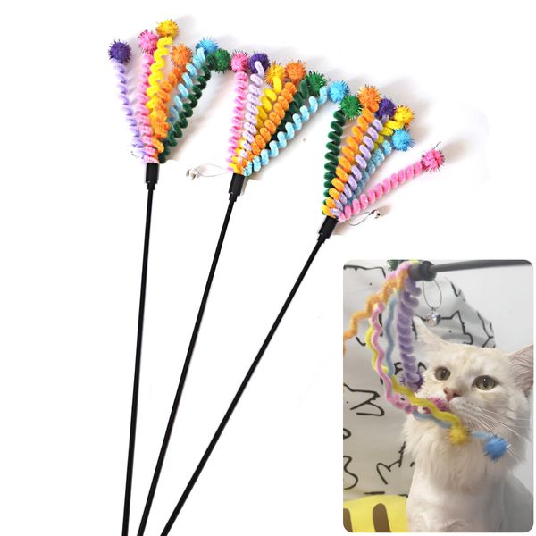 IUHKBH Cat Wands, 3 PCS Cute Cat Teaser Toy with Colorful Spring and Soft Ball Interactive Cat Toys with Bell for Cat and Kitten