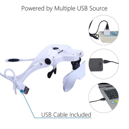 YOCTOSUN LED Head Magnifier, Rechargeable Hands Free Headband Magnifying Glasses with 2 Led, Professional Jeweler's Loupe Light Bracket and Headband are Interchangeable