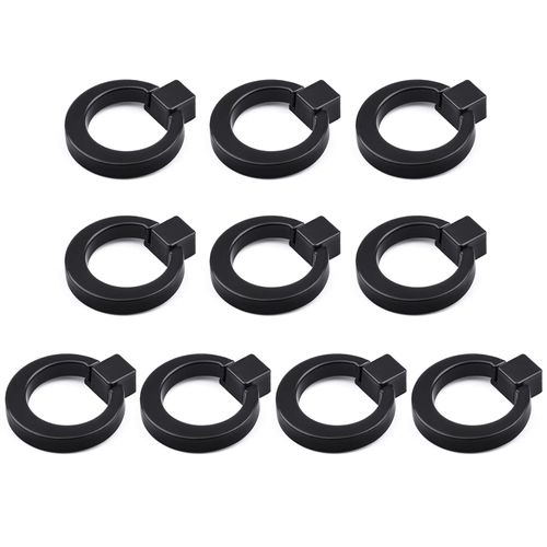 Dannisly Cabinet Knobs, 10 Packs of Kitchen Single Hole Pulls, Matte Black Handles Zinc Alloy Dresser Knobs Round Ring Pulls 1.57" Diameter Handles for Cupboard Door Hardware