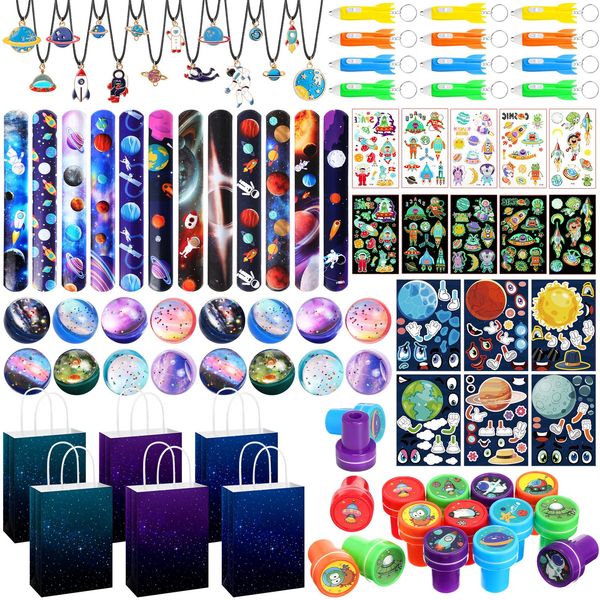 Resholder 16 Sets 136 Pcs Space Party Favors Bouncy Balls Necklaces Rocket Lights Keychains Stamps Starry Paper Bags Space Party Supplies Galaxy Themed Treat Gift Stuffers Birthday Classroom Rewards