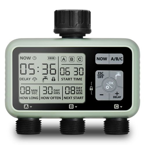 Johgee 3 Zone Water Timer for Irrigation, Sprinkler Timer 3 Outlet, Garden Hose Timer, Garden Watering System Irrigation System Controller with Auto & Manual Mode, Rain Delay for Lawn & Garden