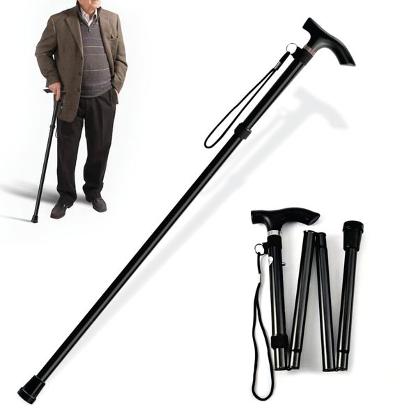 Walking Stick Folding Aluminium Cane Extendable Walking Cane Adjustable Mobility Aids Walking Stick For Seniors Disabled Ladies Women Men Outdoor Accessories Height 92cm Approx (Black)