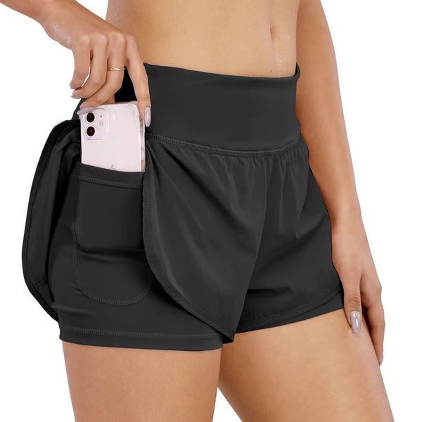 COTOP Sporthose Damen Kurz Sommer, Laufhose High Waist 2 in 1 mit Tasche, Elastisch Schnelltrocknende Running Shorts für Fitness Joggen Gym Training (Schwarz XS)