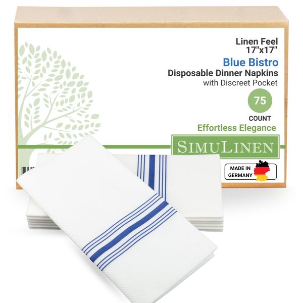 SimuLinen White & Blue Dinner Napkins Disposable Decorative - Extra Large Paper Napkins with Pocket for Silverware Cloth Like - Box of 75