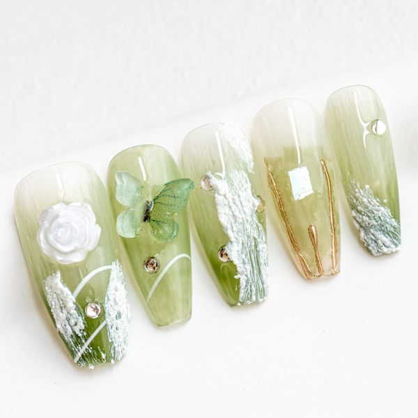 Sun&Beam Nails Handmade Nail Tips, Medium, Long, Ballerina, Green, Butterfly, Flowers, Popular, 3D, Stylish, Cute, Design, False Nails, Storage Box Included, Pack of 10 (M, 09, Natural Green)